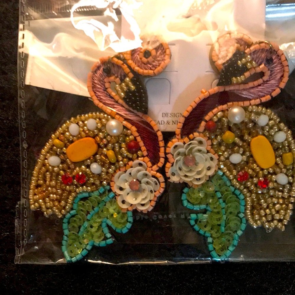 Flamingo Earrings Jewelry Floral Palm Beaded Handmade Dangle Bird Earring